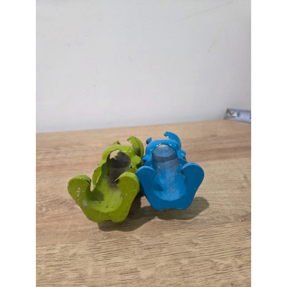Pair of CB2 Cast Iron Holiday Elf Gnome Taper Candle Holders Blue Green 5.25''